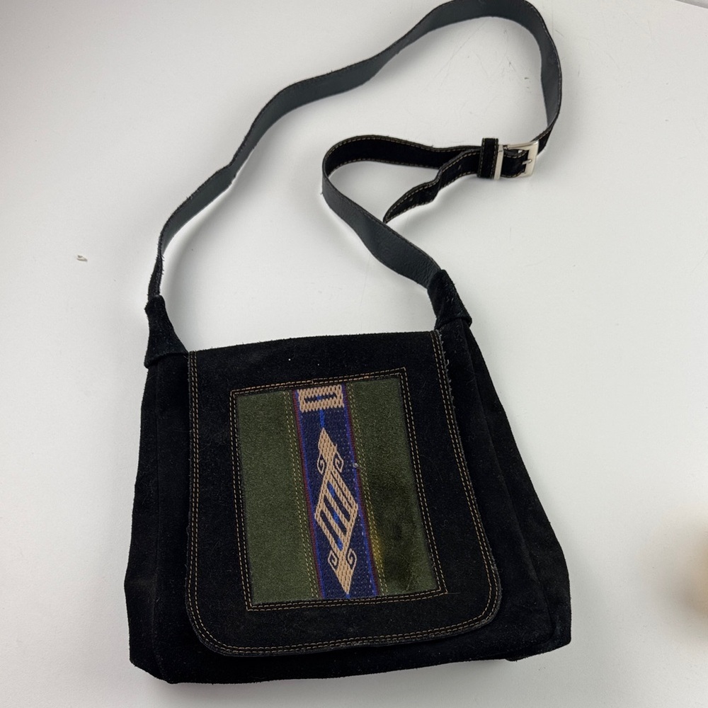 Black and Green Suede Shoulder Bag with Geometric Design